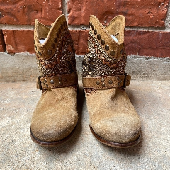Naughty Monkey Womens 6.5 Boho Tan Suede Beaded Ankle Western Boots - Picture 2 of 9